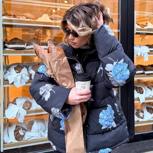 Damen Gepolsterte Oversize-Steppjacke mit Blumenprint und Kapuze Drune