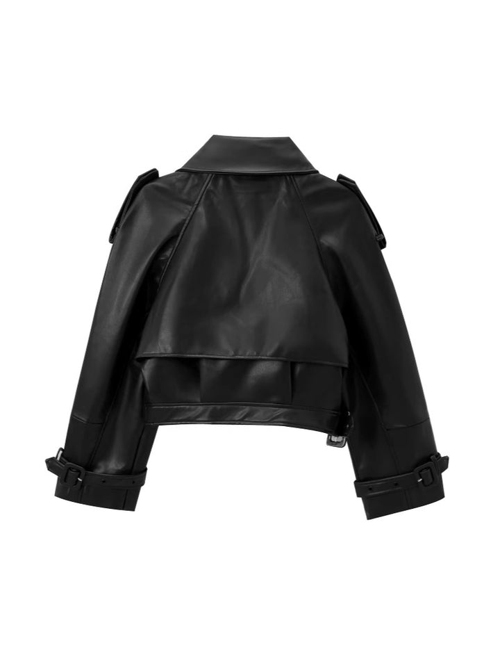 Damen cropped Leder Motorradjacke mit asymmetrischem Revers Drune