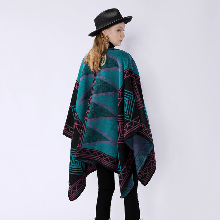 Damen Geometrischer Wollmix-Überwurfponcho mit Kettelkante Drune