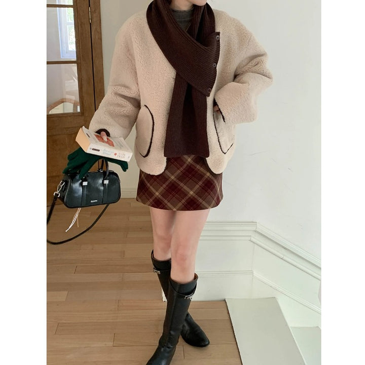 Damen modischer Minirock mit karierter Struktur und seitlichen Taschen Drune