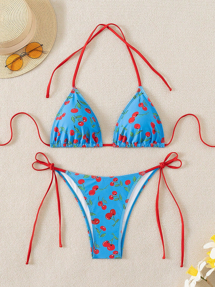 Damen Triangel-Bikini mit Krawattenverschluss und verspieltem Kirschdesign Drune