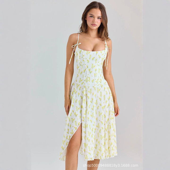Damen lässiges Sommerkleid mit zarten Spaghetti-Trägern und floralem Design Drune