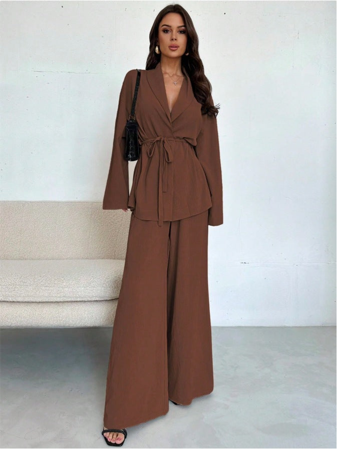 Damen Entspannter Wickelblazer und Weite-Hosen Set Drune