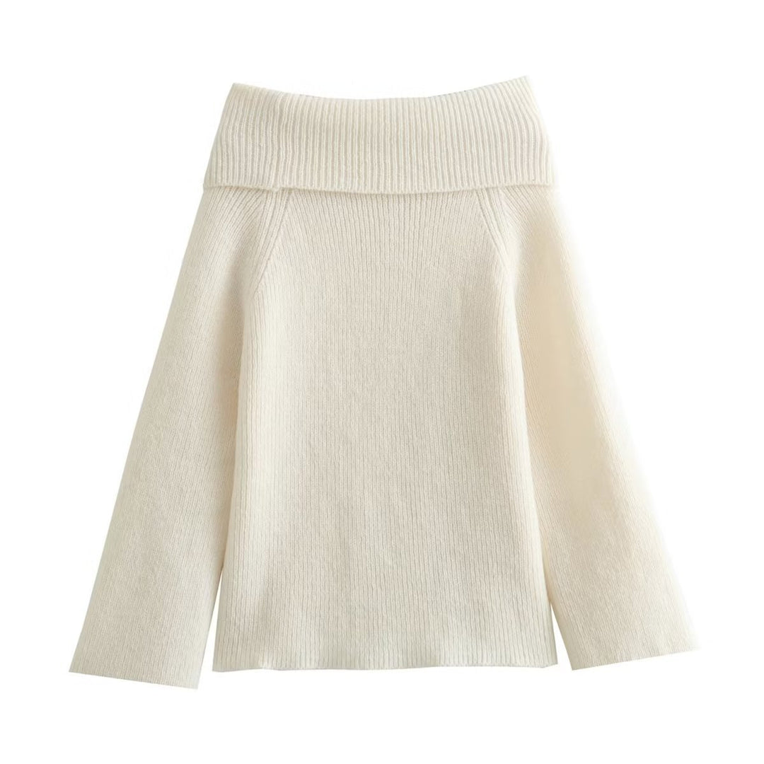 Damen Oversized Off-Shoulder Rippstrick-Pullover mit großem Wendkragen Drune