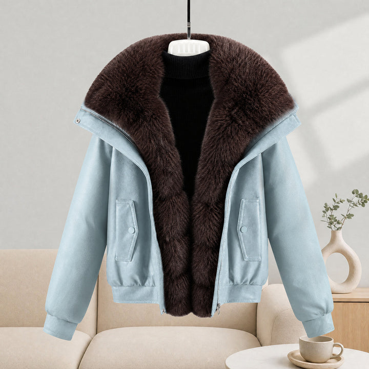 Damen nan kurze Lammfelloptik-Bomberjacke mit voluminösem Fellkragen und tailliertem Saum Drune
