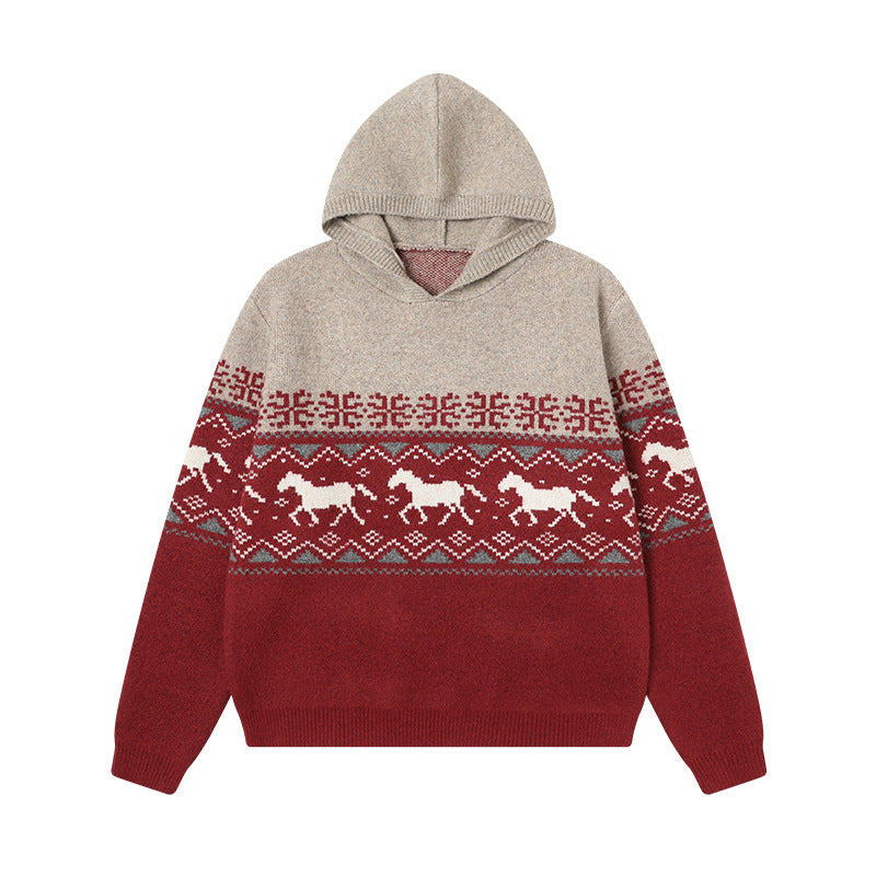 Damen Gemütlicher Grobstrickpullover mit Kapuze und Pferdemotiv Drune