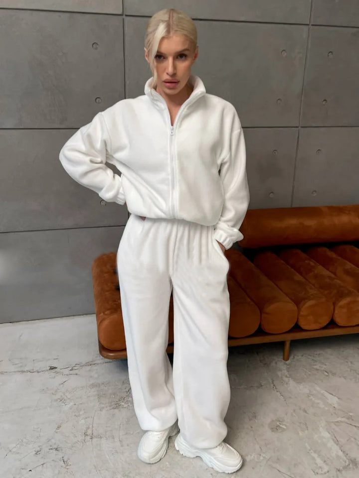 Damen Komfortables Fleece-Loungewear-Set mit kurzem Zip-Top und weiter High-Waist-Hose Drune
