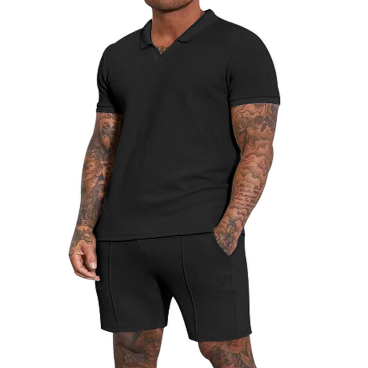 Herren nan kurzärmeliges Halbkragen-Strickset mit feiner Waffelstruktur und gerade geschnittenen Shorts Drune