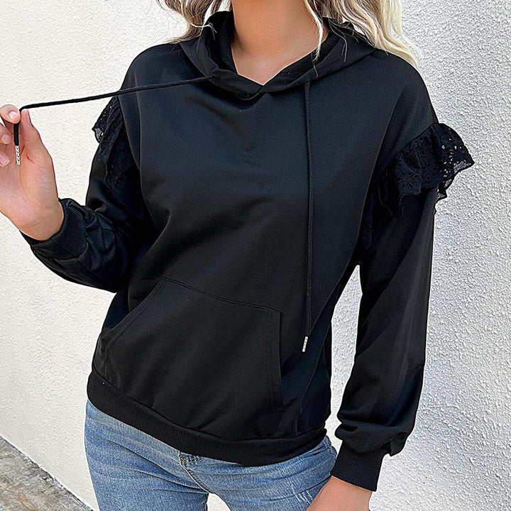 Damen Kapuzenpullover mit Spitzenvolant, Kängurutasche & Rippbündchen Drune
