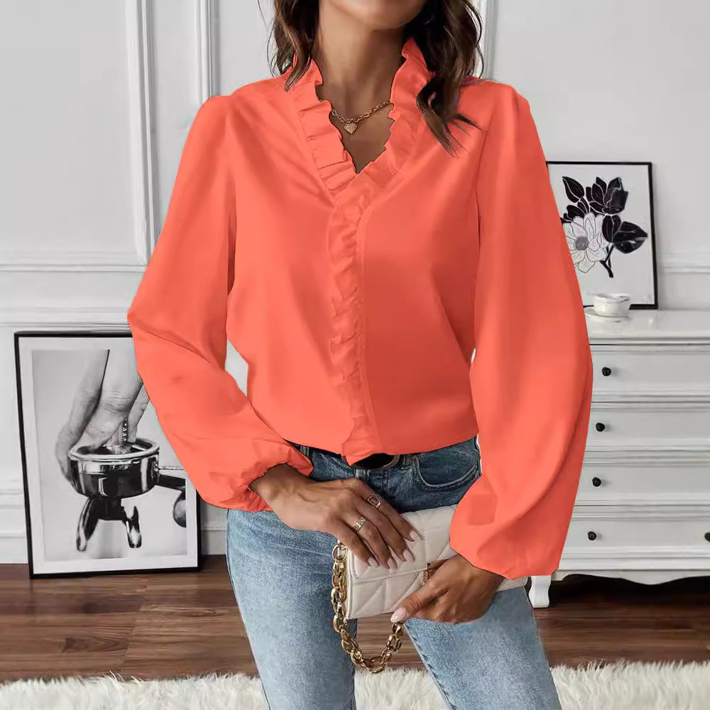 Damen Elegante Rüsch Bluse mit V-Ausschnitt, Ballonärmeln und elastischen Manschetten Drune