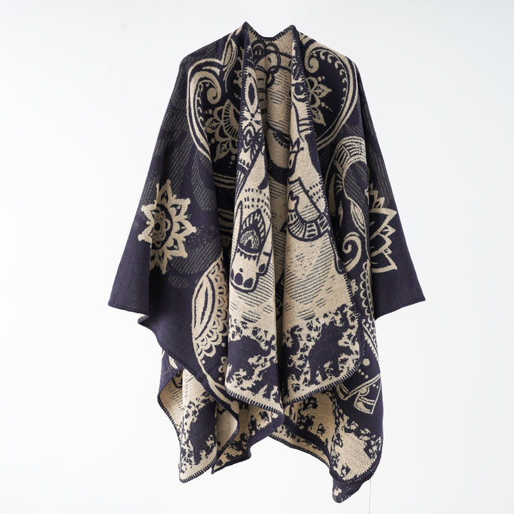 Damen Jacquard-Überwurfponcho mit doppelseitiger Webstruktur und Zierstichkante Drune