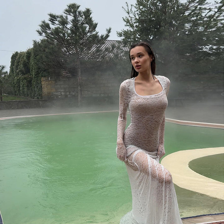 Damen Durchsichtige Spitze Maxi Überwurf Kleid Drune