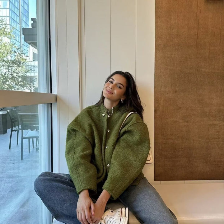 Damen nan boxy Wollmix-Blouson mit Stehkragen, verdeckter Frontleiste, Eingrifftaschen und elastischem Saum Drune