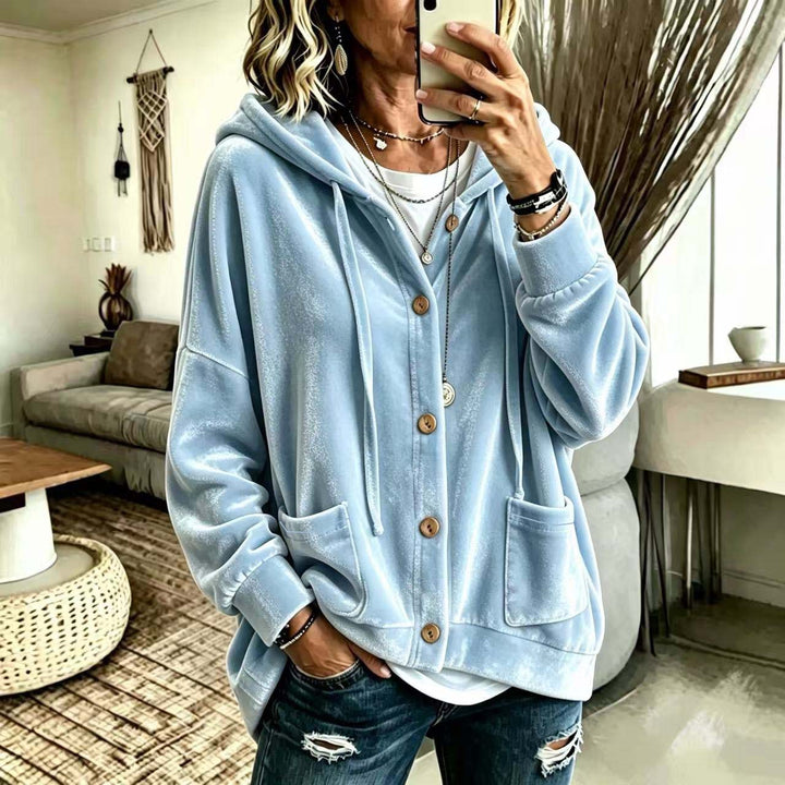 Damen Oversize Kapuzen-Samtjacke mit Knopfleiste und aufgesetzten Taschen Drune