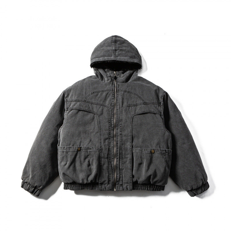 Unisex Boxy-Canvas-Kapuzenjacke mit Teddy-Innenfutter und Utility-Taschen Drune