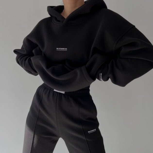 Damen Set Schwere French‑Terry Oversize‑Kapuzenpullover mit Kängurutasche und Slim‑Jogginghose Drune