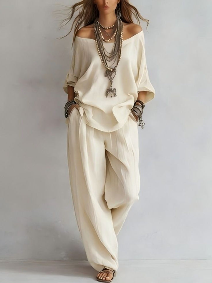 Damen Lässiges Leichtes Lounge-Set mit Carmenausschnitt und Palazzo-Hose Drune