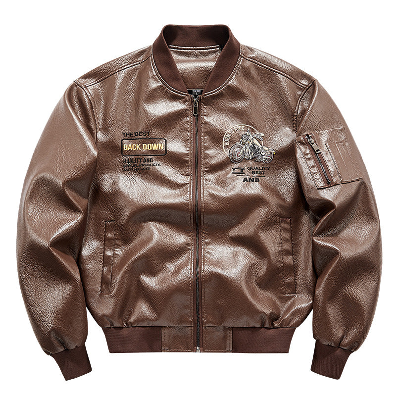 Herren Biker Lederimitat Bomberjacke mit Stickpatches und Ärmeltasche Drune