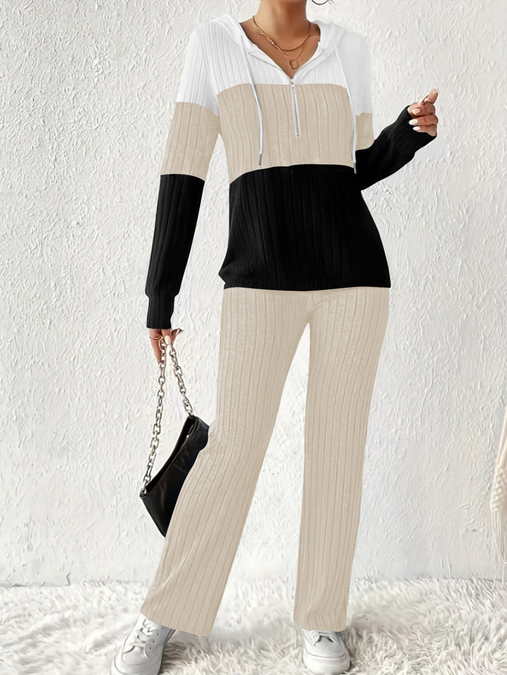 Damen Gerippter Lounge-Zweiteiler mit Kapuzen‑Halbzip und ausgestellter Palazzohose Drune