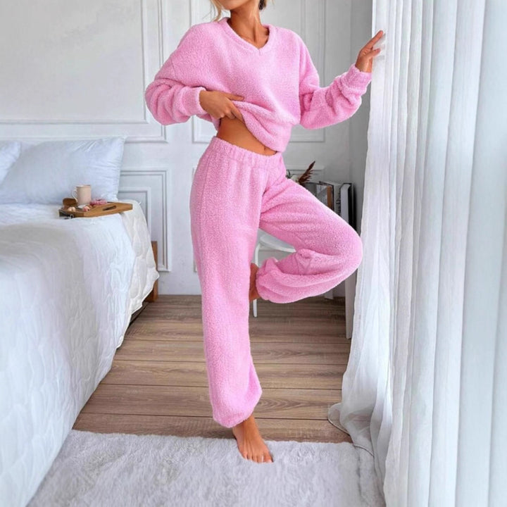 Damen Kuscheliges Freizeit-Loungewear-Set mit V-Ausschnitt Drune