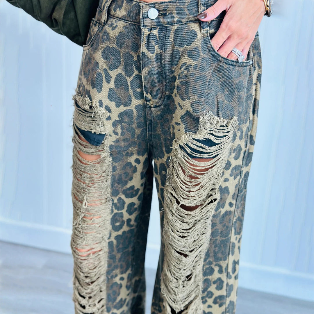 Damen Weite Löwenmuster Jeans mit ausgefransten Details Drune