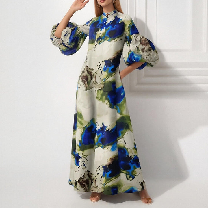 Damen Maxikleid mit voluminösen Puffärmeln und kunstvollem Farbdesign Drune