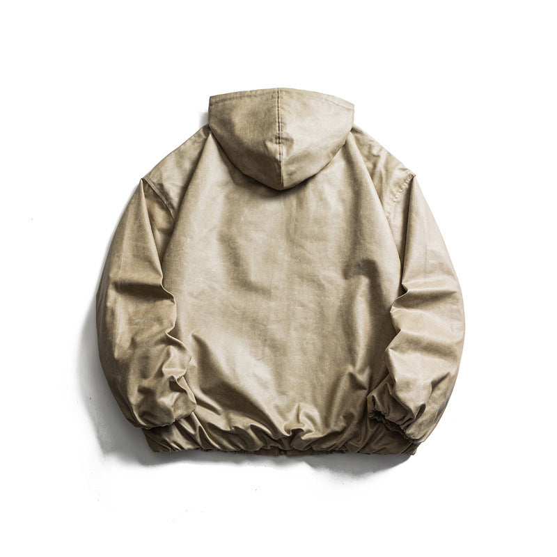 Herren Kurz geschnittene Kunstleder-Kapuzenjacke im Boxy‑Cut mit elastischem Saum und Kängurutaschen Drune