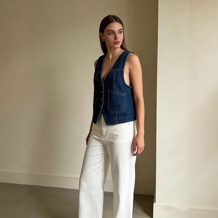 Damen lässige Denim-Weste mit Knopfdetails und aufgesetzten Taschen Drune