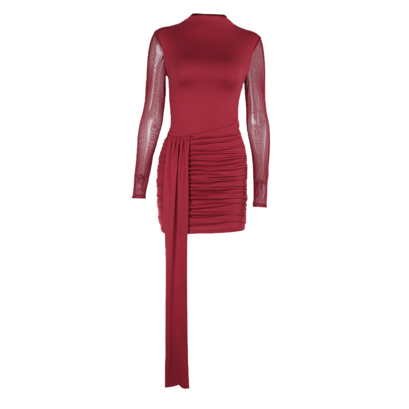 Damen elegantes, figurbetontes Minikleid mit langem Arm und asymmetrischem Saum Drune