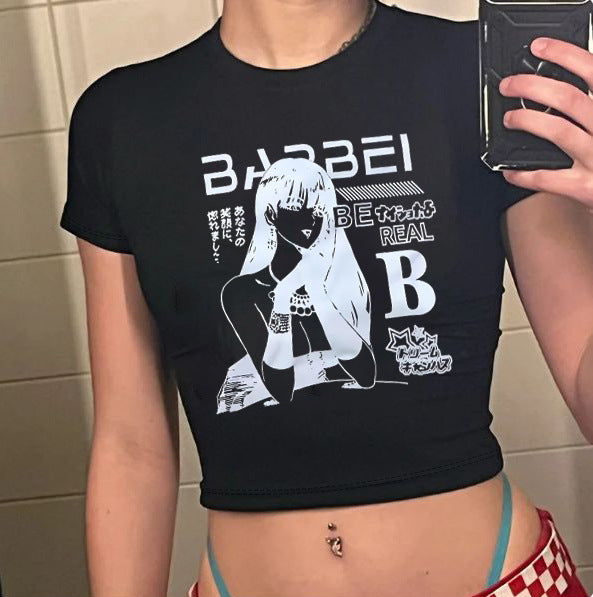 Damen Crop-T-Shirt mit kreativem Skelettdesign und inspirierendem Schriftzug Drune