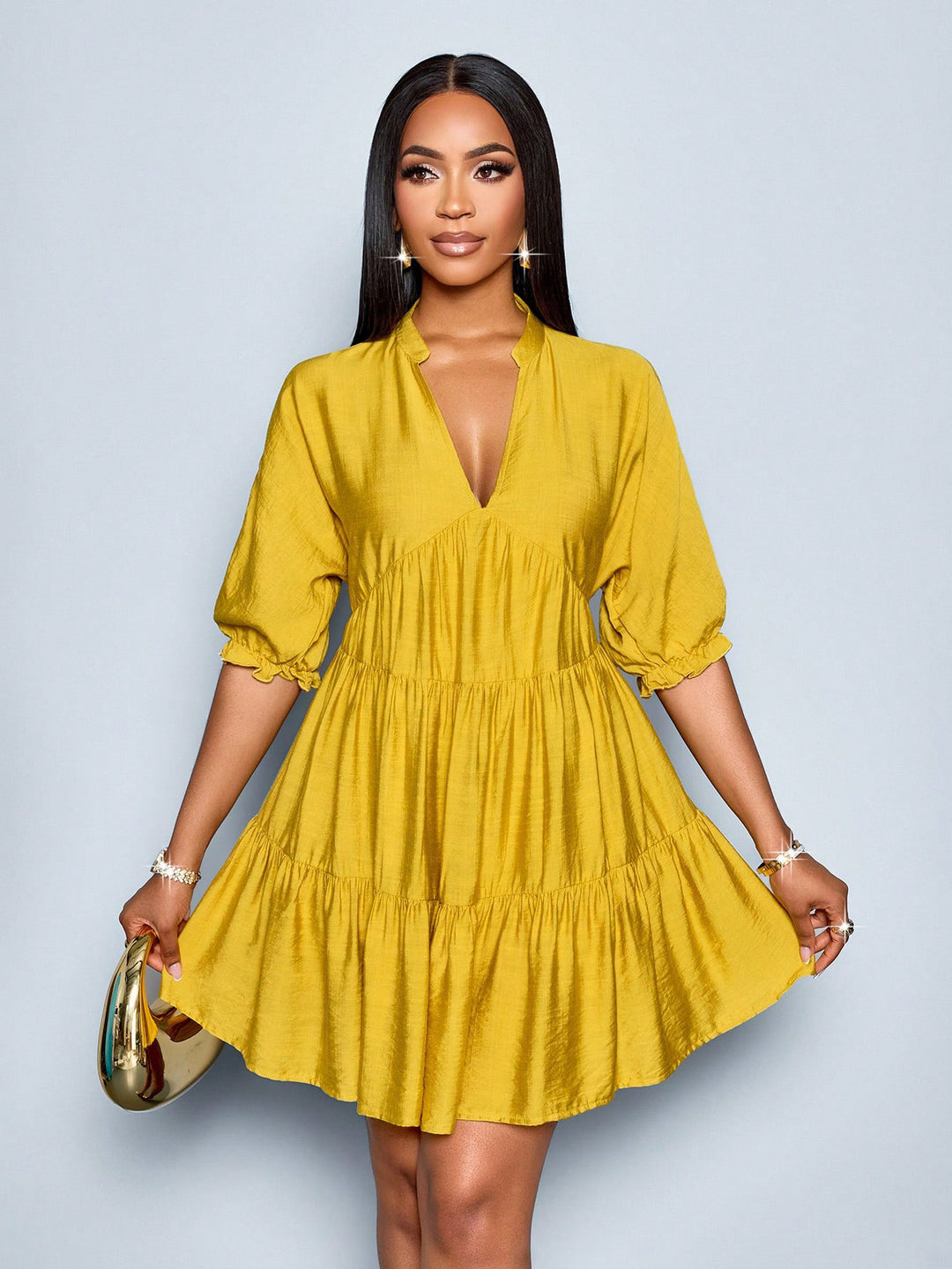 Damen Stufiges Mini‑Kleid mit V‑Ausschnitt und gerafften Dreiviertelärmeln Drune