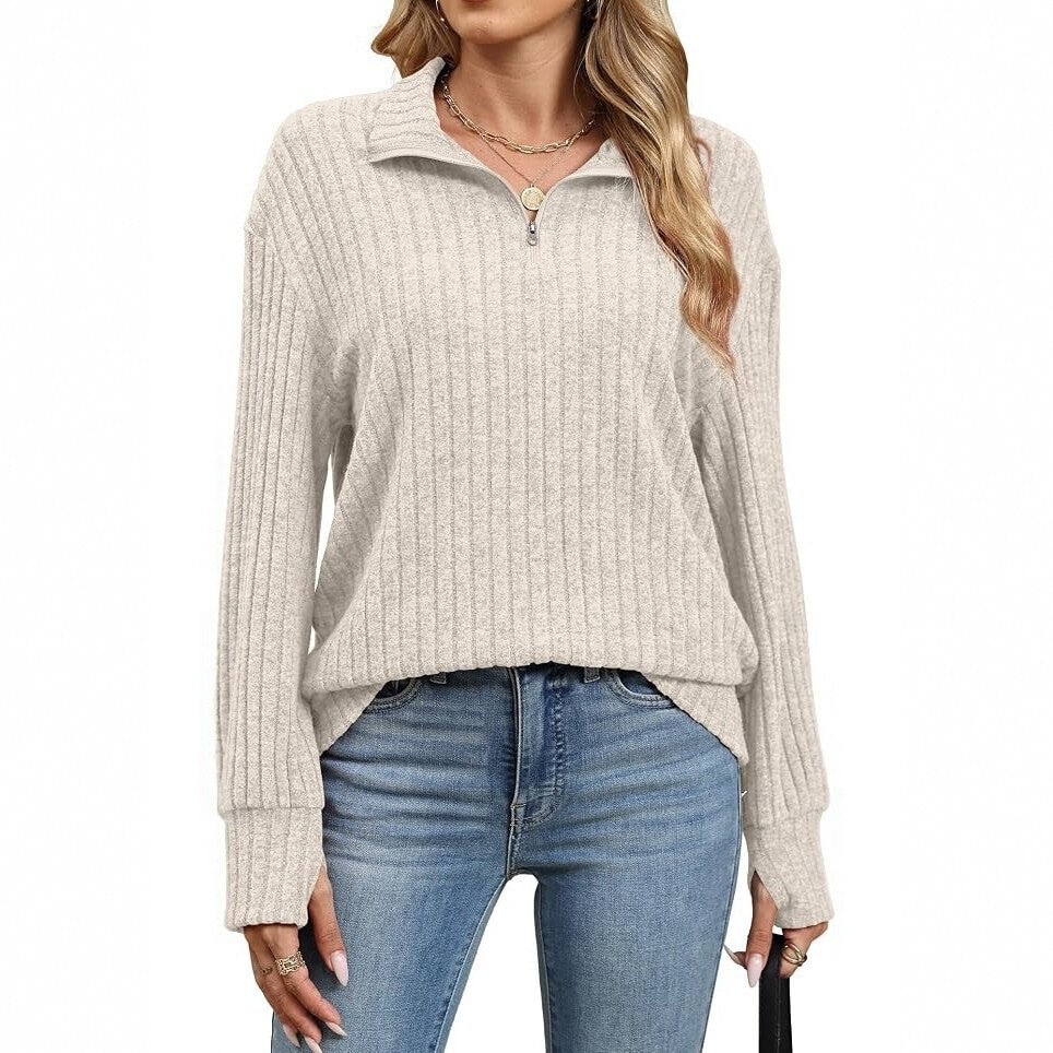 Damen Gerippter Halfzip-Pullover mit Stehkragen und Relaxed-Fit Drune