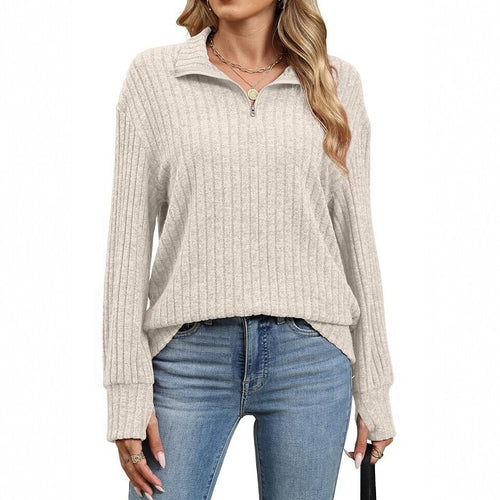 Damen Gerippter Halfzip-Pullover mit Stehkragen und Relaxed-Fit Drune