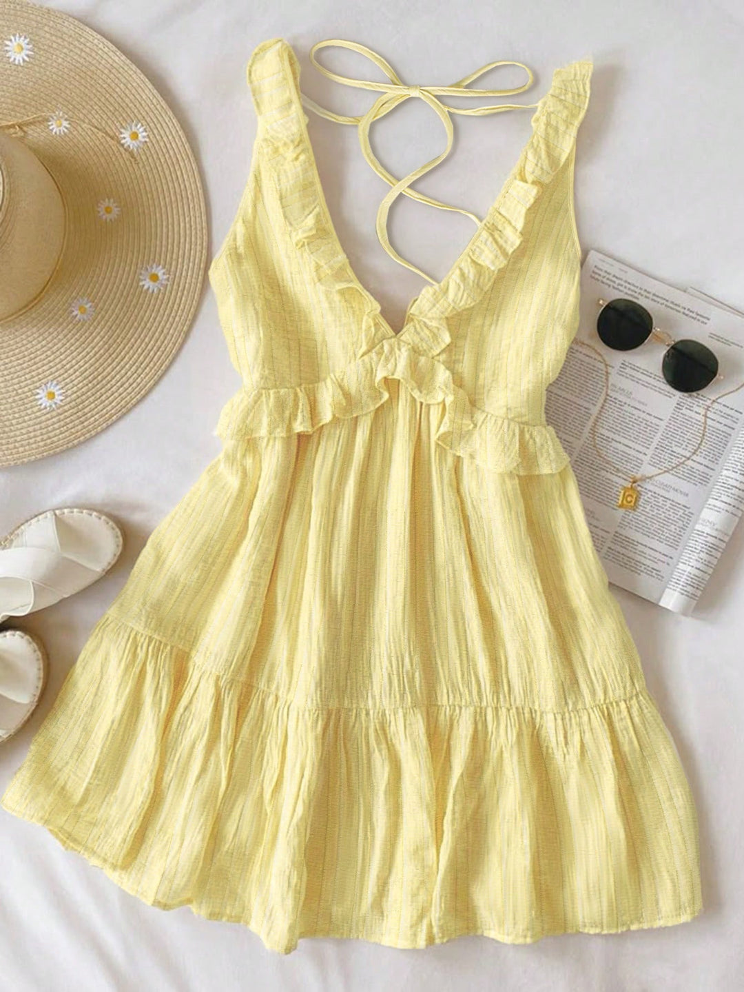 Damen luftiges Sommerkleid mit Volantdetails und verstellbarem Rückenschnürung Drune