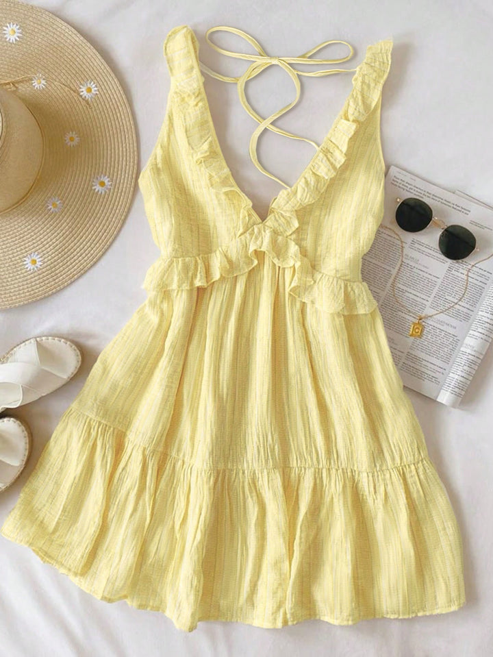 Damen luftiges Sommerkleid mit Volantdetails und verstellbarem Rückenschnürung Drune