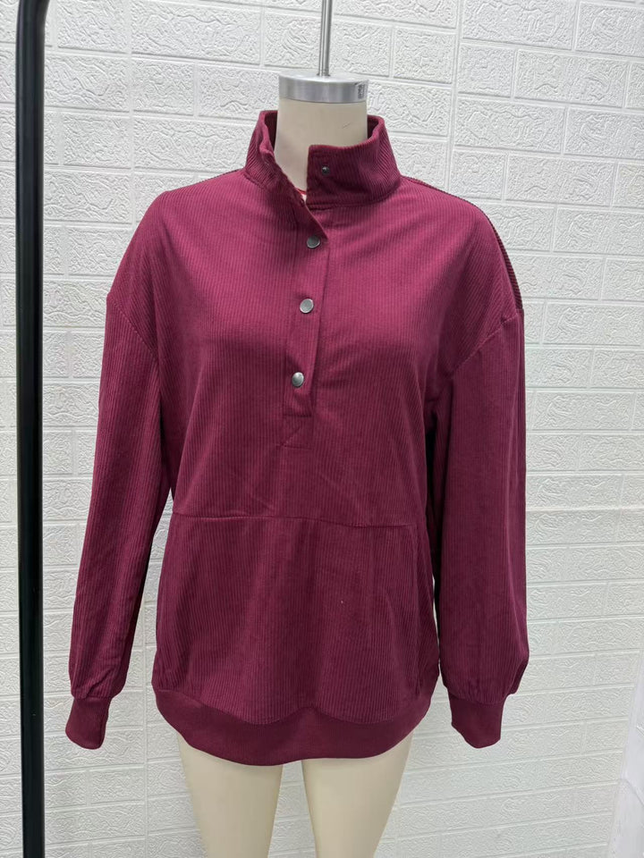 Damen gerippter Henley-Pullover mit Stehkragen und Kängurutasche Drune