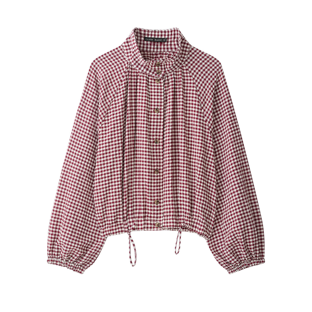 Damen 10+ kariertes Cropped‑Blusenjacke mit Stehkragen, Tunnelzugsaum und Ballonärmeln Drune