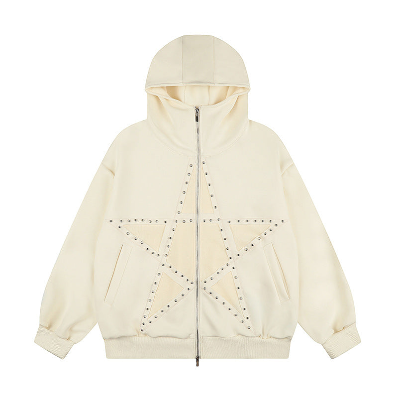 Damen Oversize Kapuzen-Zipjacke mit Nieten-Sternmotiv und hohem Kragen Drune