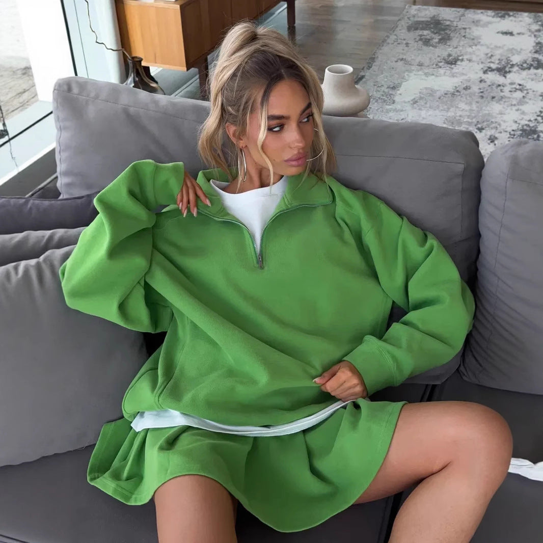 Damen Oversized Sweatkleid mit halbem Reißverschluss und Stehkragen Drune