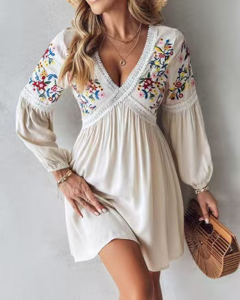 Damen Luftiges Sommerkleid mit besticktem V-Ausschnitt und langen Ärmeln Drune