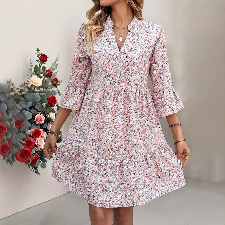 Damen Florales Babydoll-Kleid mit V-Ausschnitt, hohem Empire‑Bund und Glockenärmeln Drune