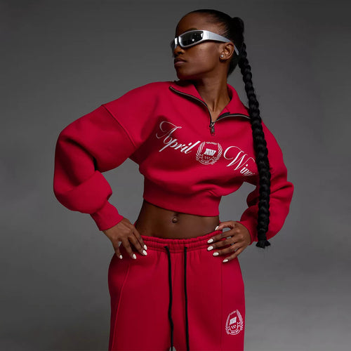 Damen Cropped Halbzip-Sweatshirt mit weitem High‑Waist Loungehose Set Drune