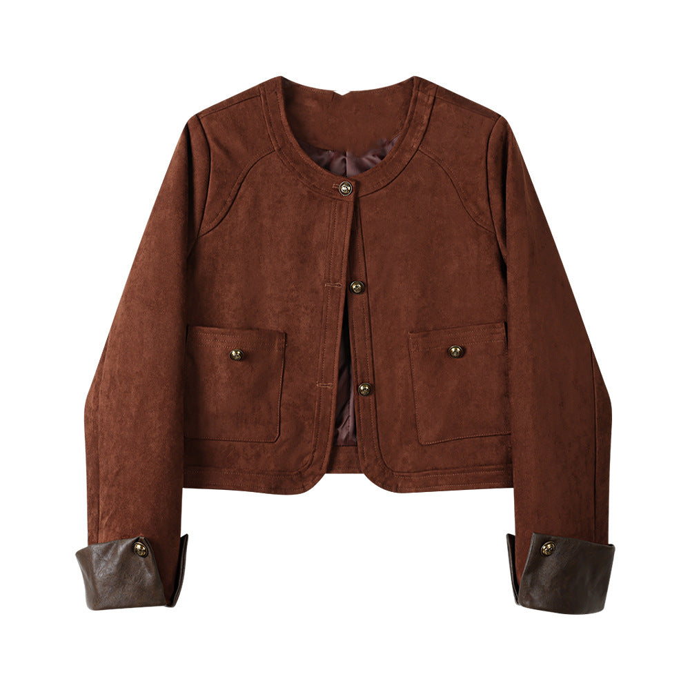 Damen Kurzjacke aus Veloursleder mit Rundhals, aufgesetzten Taschen & Umschlagmanschetten Drune