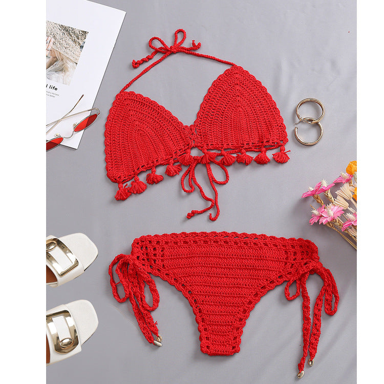 Damen Häkel-Bikini-Set mit verspielten Fransen und verstellbaren Bindebändern Drune