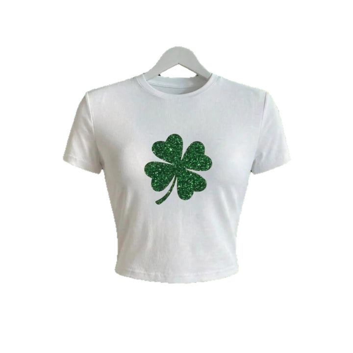 Damen Crop-Top mit Glitzerndem Kleeblatt-Motiv Drune