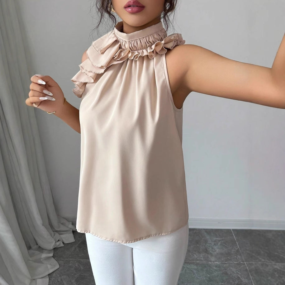 Damen Hochgeschlossenes Chiffon-Top mit Rüschenkragen und asymmetrischem Volant Drune