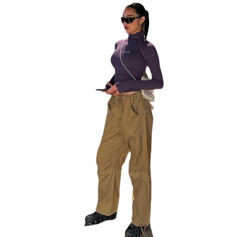 Damen nan figurbetontes Langarm-Zip-Top mit tiefem V-Ausschnitt und elastischem Funktionsstretch Drune