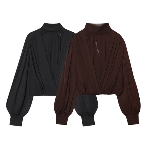 Damen nan drapiertes Cropped-Top mit Rollkragen und Ballonärmeln Drune