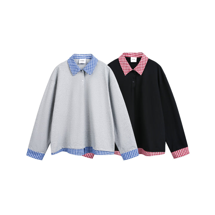 Unisex Weit geschnittener Sweatpullover mit Karokragen und Saumeinsatz Drune