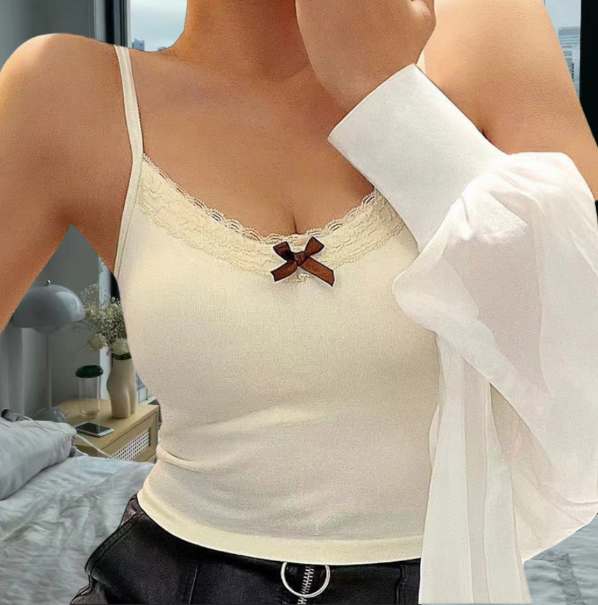 Damen Spaghetti-Trägershirt mit Spitzenbesatz und Schleifendetail Drune